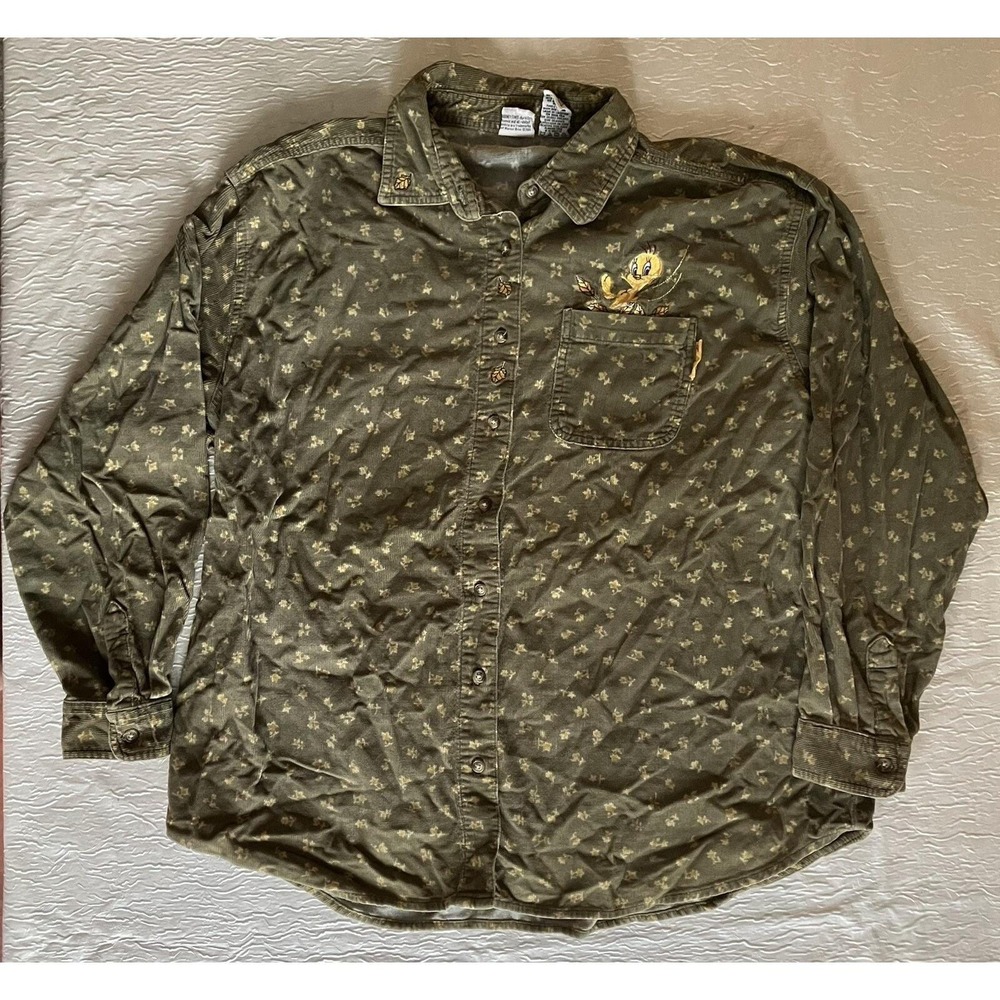 Vintage Looney Tunes Tweety Bird Corduroy Shirt XL Olive Green Floral ATL72